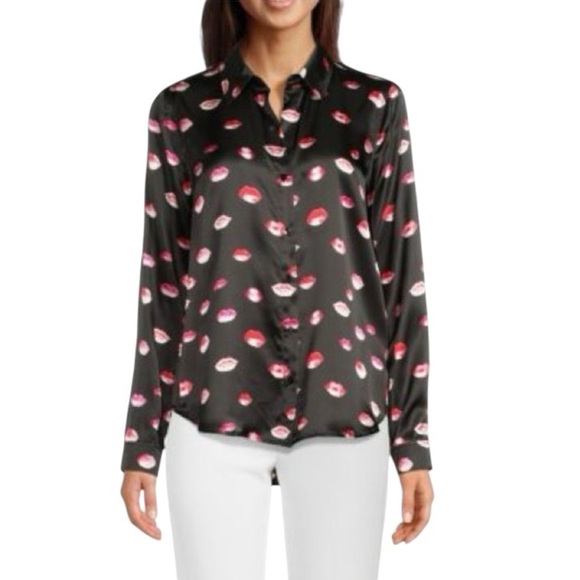 NWT L'AGENCE Tyler Holly Lip Print Long-Sleeve Silk Button Down Shirt - Size XS - Picture 2 of 16